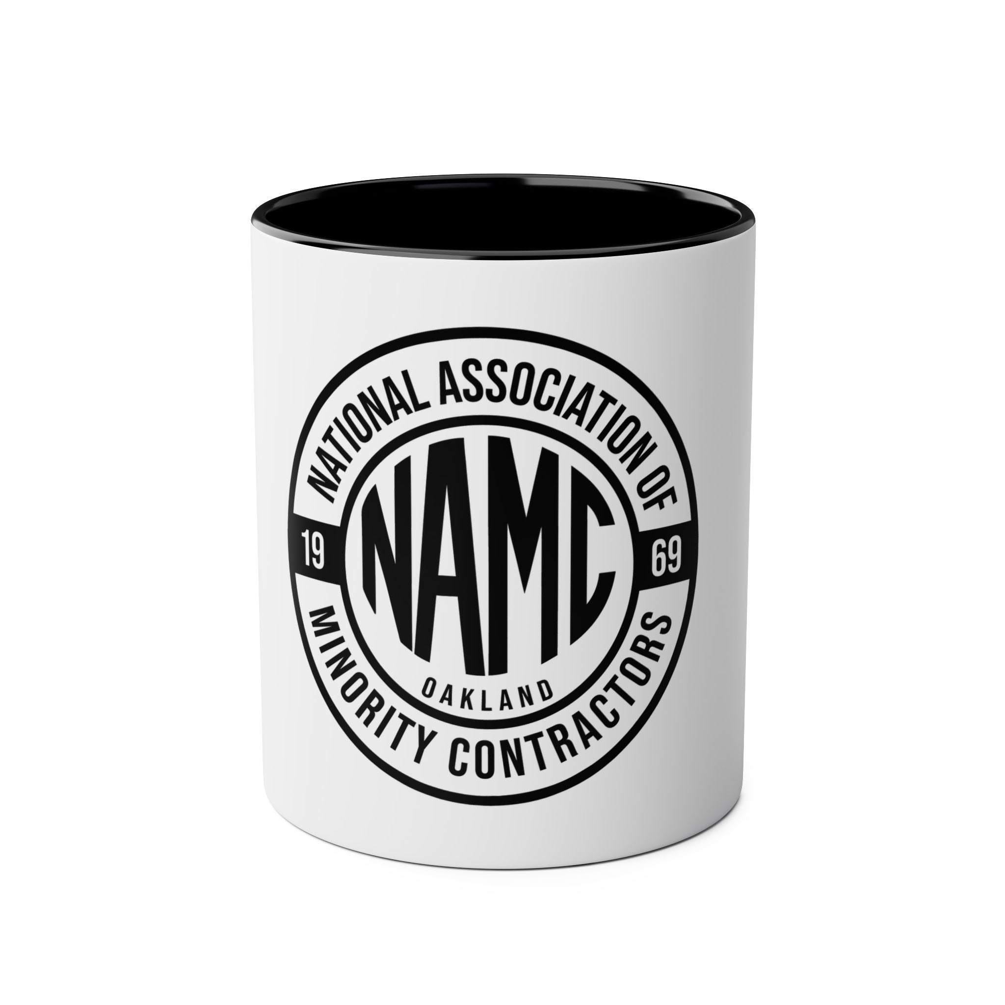 Two-Tone Coffee Mug, NAMC Logo Gift, Customizable Minority Contractors Cup, Unique Office Decor, Perfect for Meetings, Promotional Item