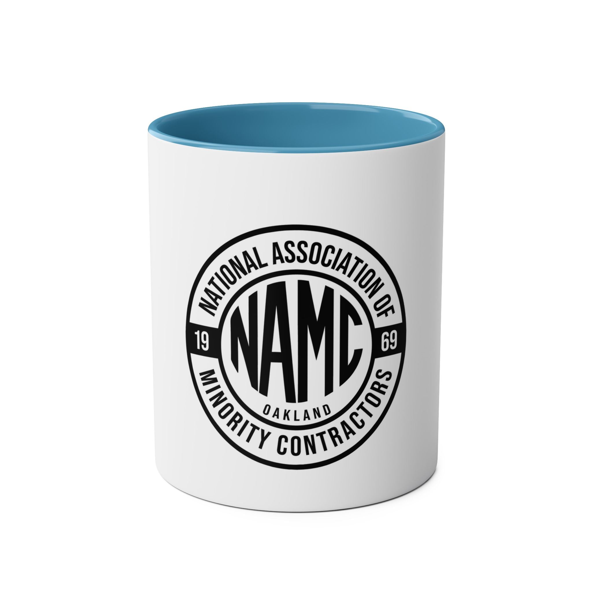Two-Tone Coffee Mug, NAMC Logo Gift, Customizable Minority Contractors Cup, Unique Office Decor, Perfect for Meetings, Promotional Item