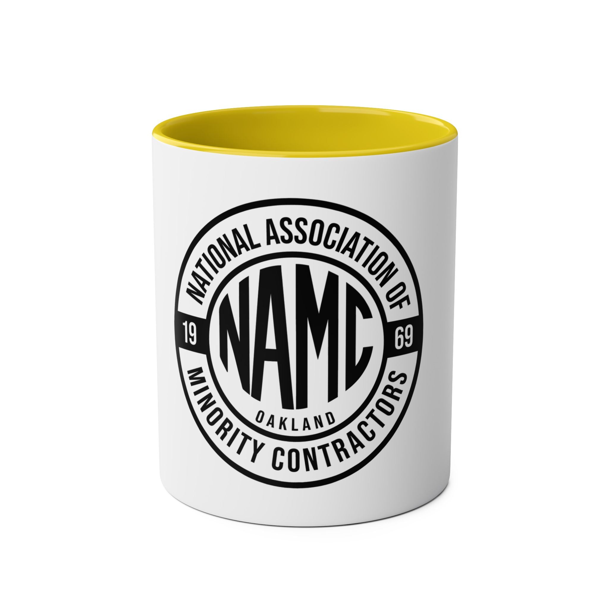 Two-Tone Coffee Mug, NAMC Logo Gift, Customizable Minority Contractors Cup, Unique Office Decor, Perfect for Meetings, Promotional Item